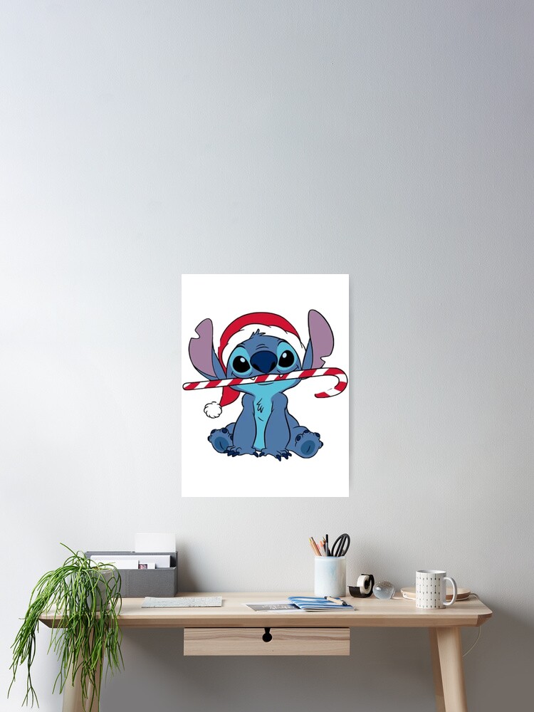 Stitch Inspired Christmas Art – Cute Blue Alien with Candy Cane Holiday Design Poster