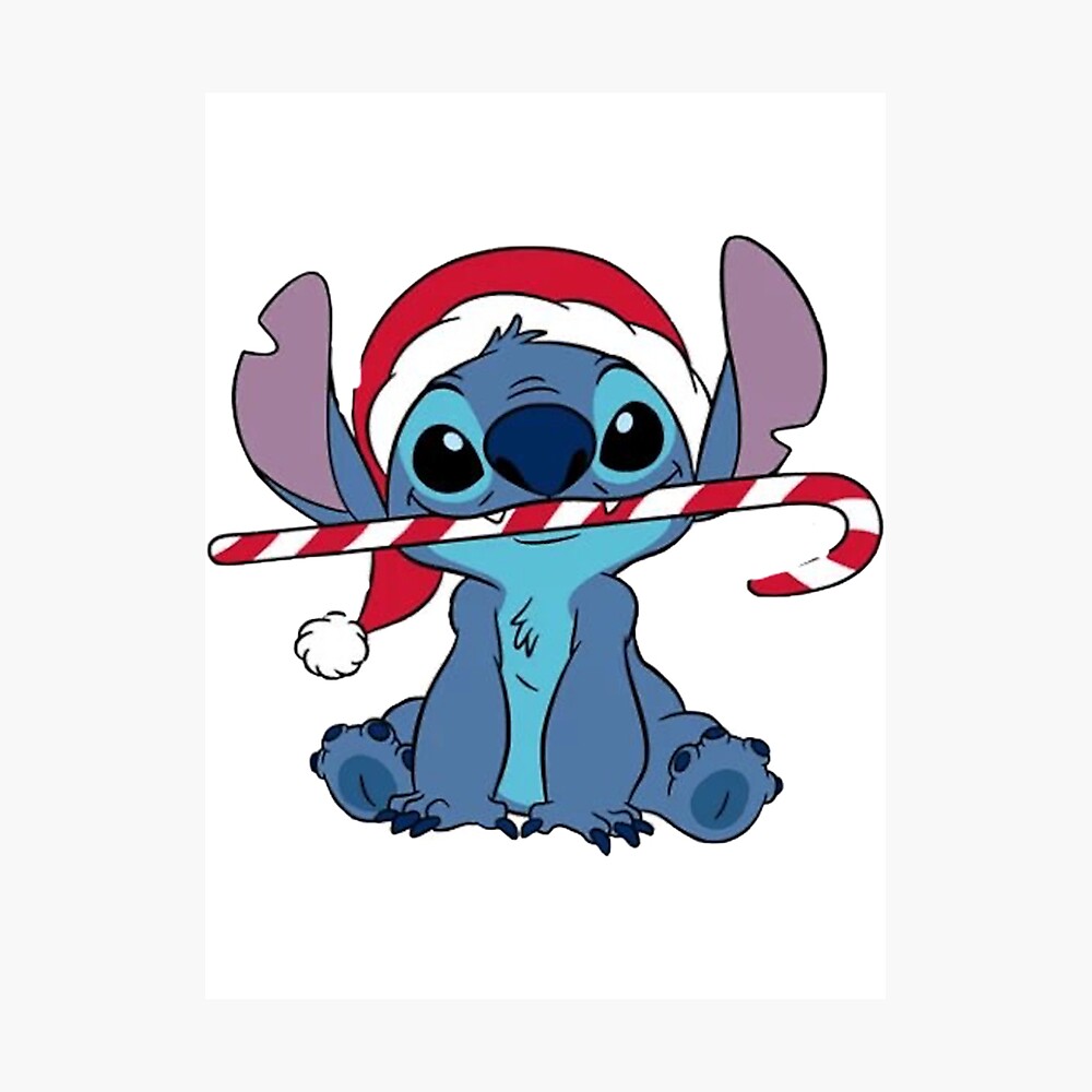 Stitch Inspired Christmas Art – Cute Blue Alien with Candy Cane Holiday Design Poster