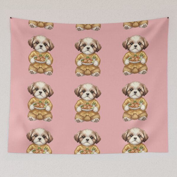 Aperçu de l'œuvre Adorable Shih Tzu en tenue royale thaïlandaise dorée tenant un Pad Thaï - Cuisine de rue thaïlandaise créée et vendue par Minimochi Art.
