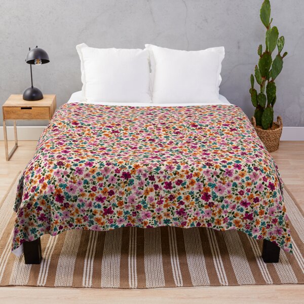 Item preview, vibrant and dense floral pattern with small, colorful flowers in shades of pink, orange, red, and hints of blue and green, set against a light background designed and sold by MOONE FLOWER.