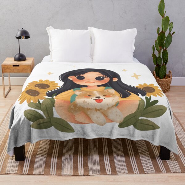 Item preview, A joyful girl embraces her winking corgi puppy with sunflowers designed and sold by MyrraQuastir.