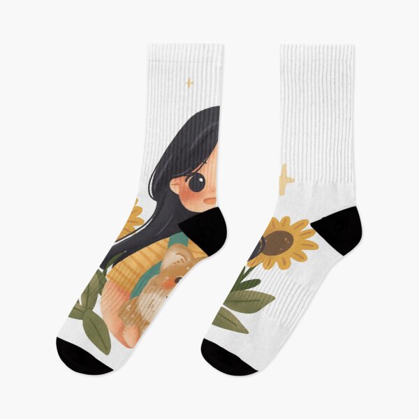 Item preview, A joyful girl embraces her winking corgi puppy with sunflowers designed and sold by MyrraQuastir.