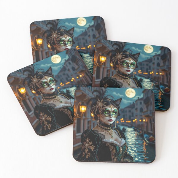 Item preview, Moonlit Masquerade – Masked woman with feline grace & brocade dreams between lagoon light and transformation designed and sold by FotoworldEdel.