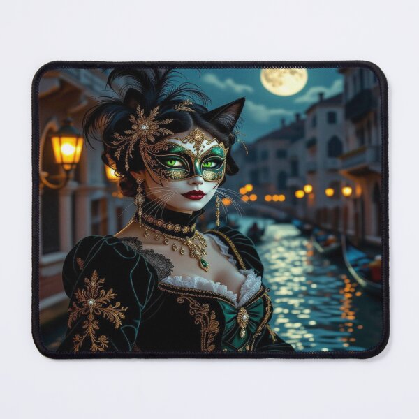 Item preview, Moonlit Masquerade – Masked woman with feline grace & brocade dreams between lagoon light and transformation designed and sold by FotoworldEdel.