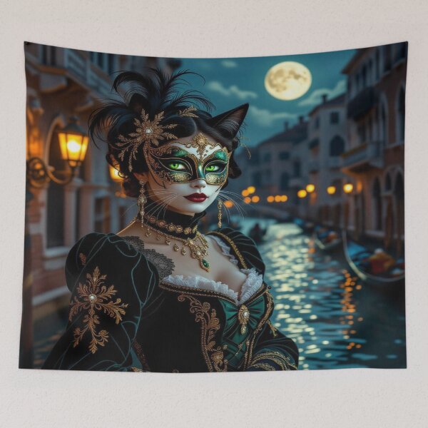 Item preview, Moonlit Masquerade – Masked woman with feline grace & brocade dreams between lagoon light and transformation designed and sold by FotoworldEdel.