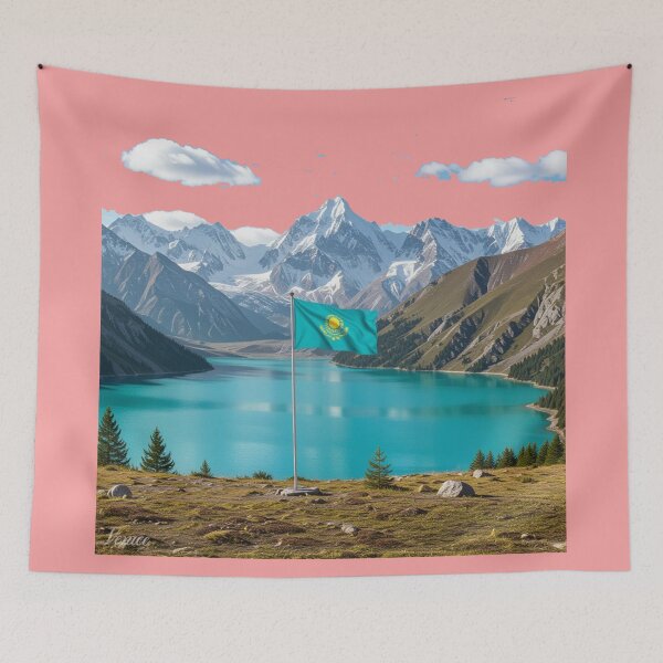 Item preview, Big Almaty Lake – Dreamy 3D Sketch with the Flag of Kazakhstan, designed and sold by PaintMeWorld.