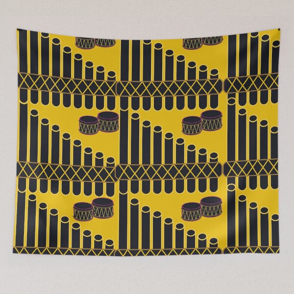 Item preview, Black Panpipe and Bongo Drums on Yellow Background – Musical Instrument Art Design designed and sold by Cultradesign.