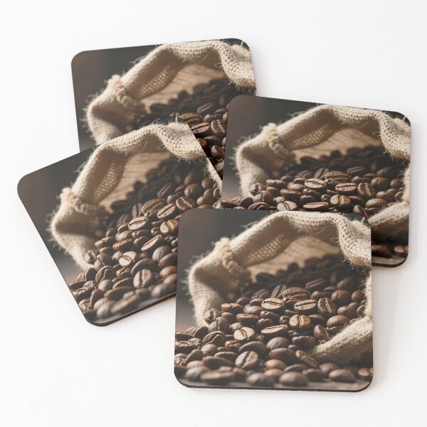 Item preview, Fresh roasted coffee beans spilling from burlap sack on rustic wooden surface with warm light designed and sold by Mimoshi ⭐⭐⭐⭐⭐.