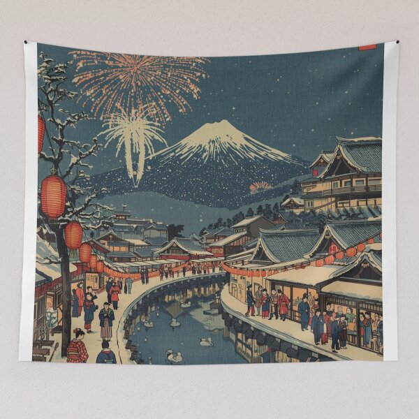 Item preview, Japanese Ukiyo-e New Year's Eve Village - Mount Fuji Fireworks Woodblock Art designed and sold by Vandy Fullam.