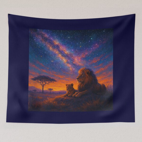 Item preview, Celestial Guardians – Lion and Cub Under the Milky Way Art Print designed and sold by OandSDesigns23.