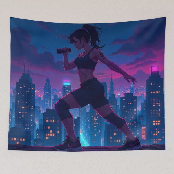 Item preview, Neon city workout woman – futuristic art and urban energy designed and sold by LoomisDreams.