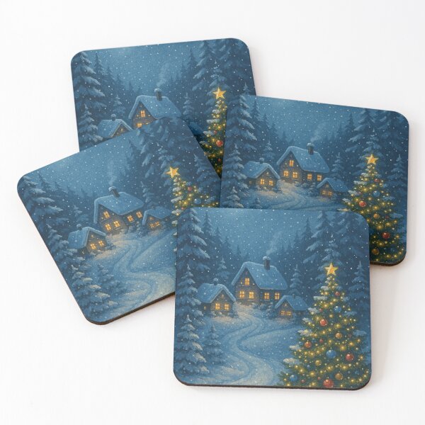 Item preview, Snowy Village Full Moon Christmas Tree Watercolor Warm Winter designed and sold by Lyvion design.