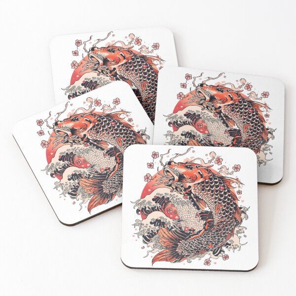 Item preview, Koi Dragon Rising with Sakura and Great Wave | Japanese Tattoo Style in Red & Black designed and sold by Rosemoonjapan.