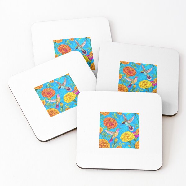 Item preview, Marigold flowers and hummingbirds on a blue background. - Seamless Pattern #6 designed and sold by Second Draft Visuals.