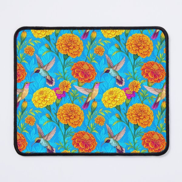 Item preview, Marigold flowers and hummingbirds on a blue background. - Seamless Pattern #6 designed and sold by Second Draft Visuals.