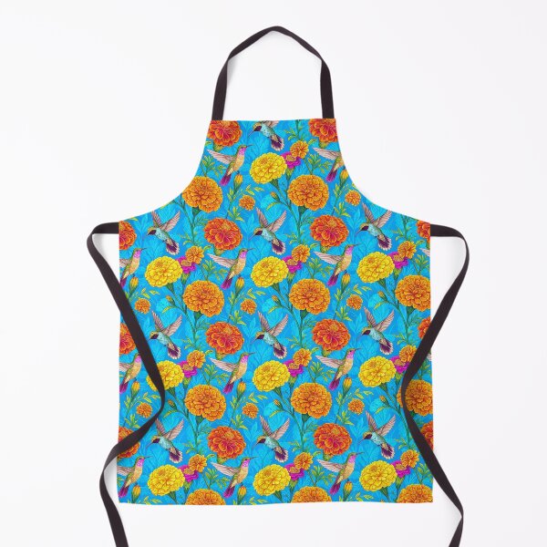 Item preview, Marigold flowers and hummingbirds on a blue background. - Seamless Pattern #6 designed and sold by Second Draft Visuals.