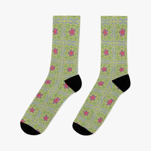 Item preview, Retro Floral Tile Pattern in Bright Green and Red designed and sold by thanratdesign.