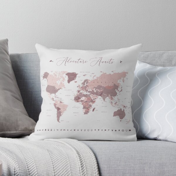 Pink World Map - Adventure Awaits Throw Pillow