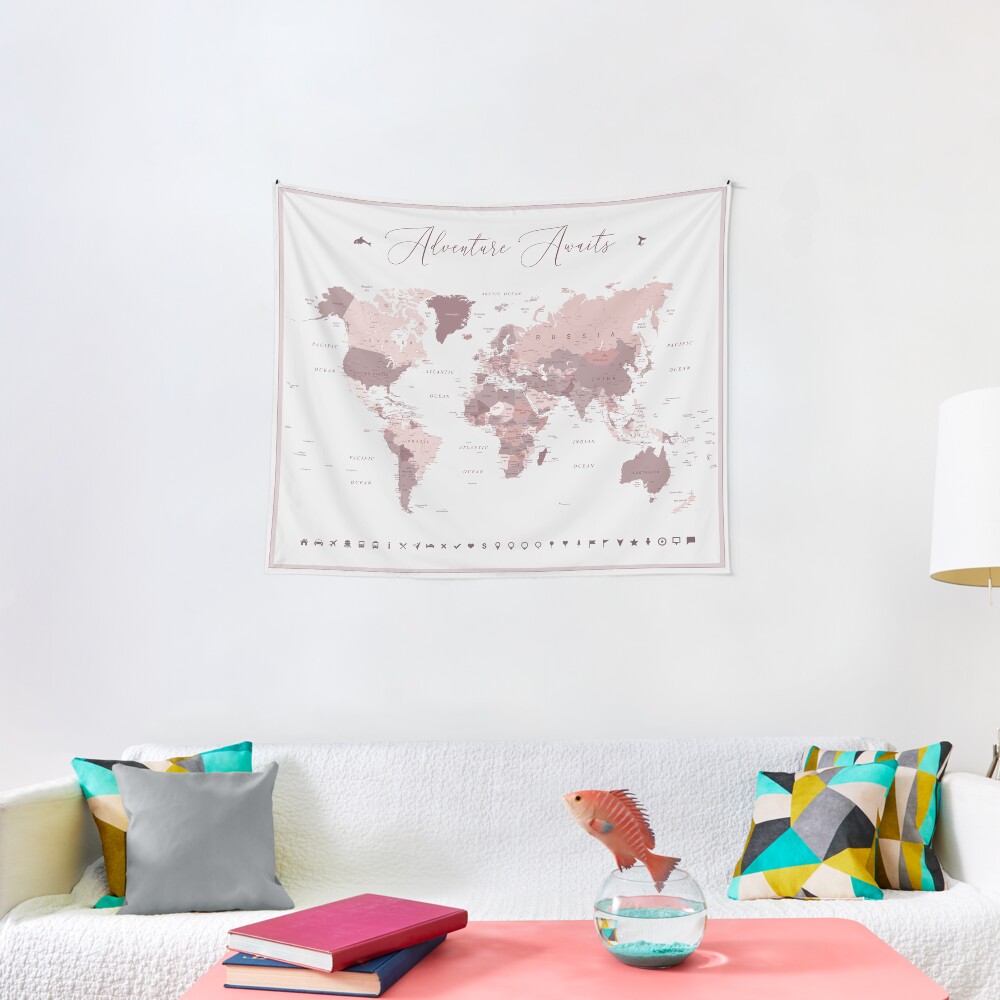 Pink World Map - Adventure Awaits Tapestry