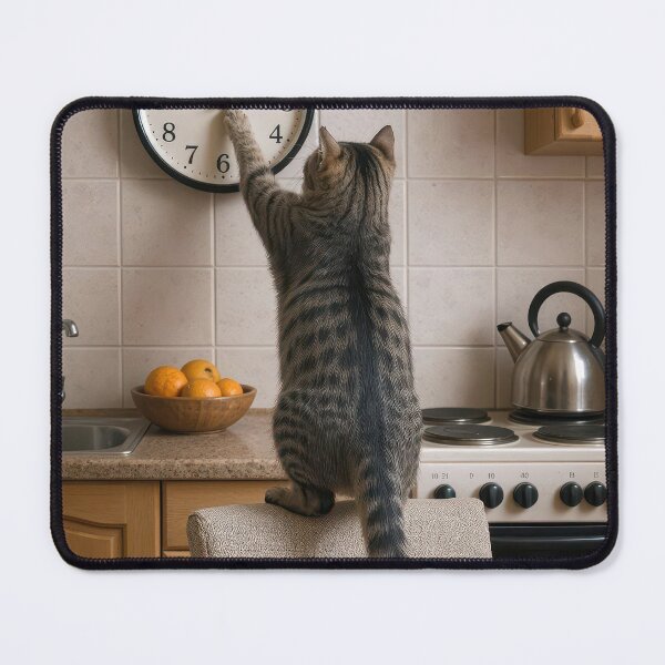 Item preview, Tabby Cat Changing the Time on a Kitchen Clock designed and sold by Maria Dryfhout.