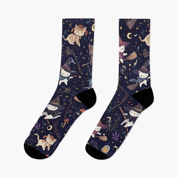 Item preview, Dark Whimsical Cat Witches Pattern: Cosmic Flight Wild Midnight designed and sold by MoonlitDoodles1.