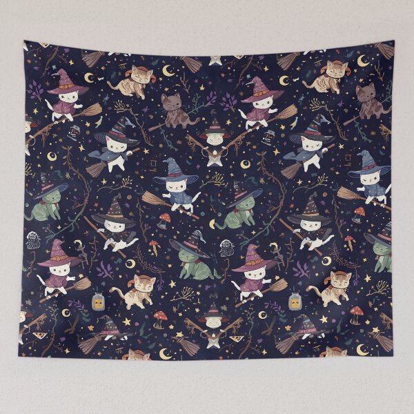 Item preview, Dark Whimsical Cat Witches Pattern: Cosmic Flight Wild Midnight designed and sold by MoonlitDoodles1.