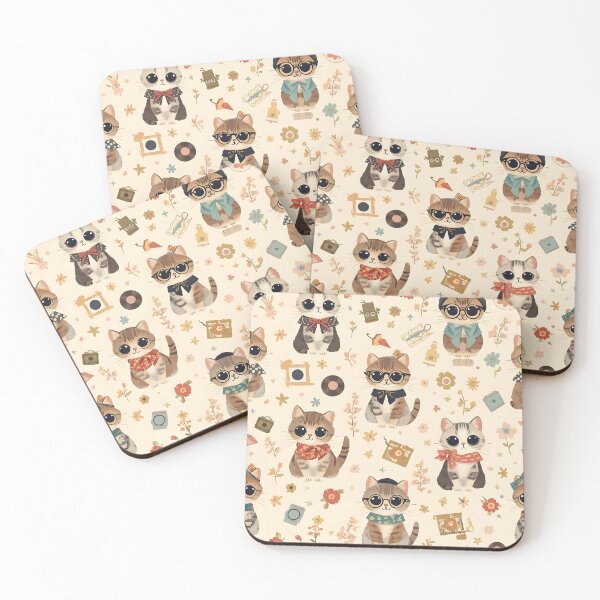 Item preview, Kawaii Hipster Cats 50s Vintage Floral Flower Beige Vinilo Candy designed and sold by MoonlitDoodles1.