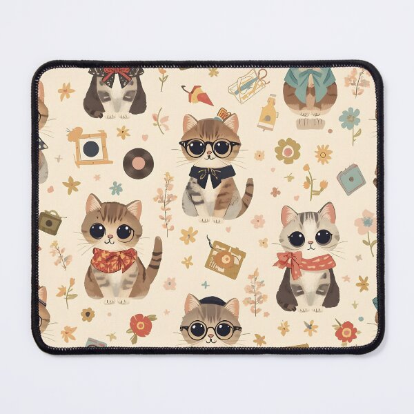 Item preview, Kawaii Hipster Cats 50s Vintage Floral Flower Beige Vinilo Candy  designed and sold by MoonlitDoodles1.