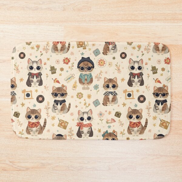 Item preview, Kawaii Hipster Cats 50s Vintage Floral Flower Beige Vinilo Candy  designed and sold by MoonlitDoodles1.