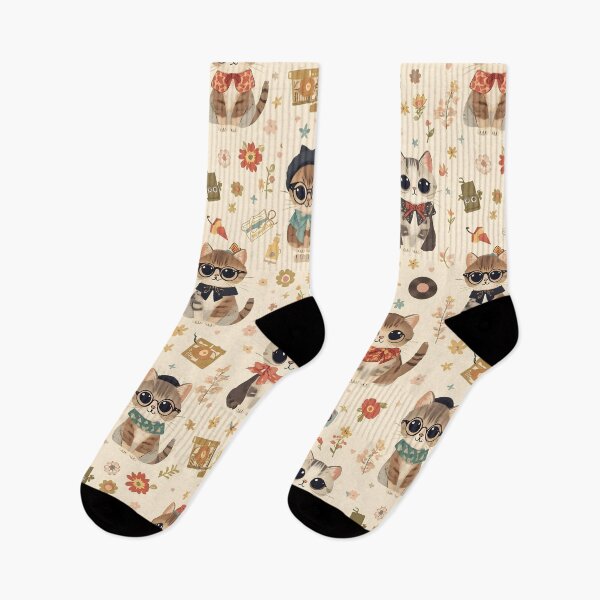 Item preview, Kawaii Hipster Cats 50s Vintage Floral Flower Beige Vinilo Candy  designed and sold by MoonlitDoodles1.
