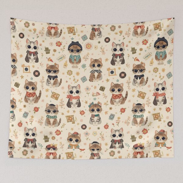 Item preview, Kawaii Hipster Cats 50s Vintage Floral Flower Beige Vinilo Candy  designed and sold by MoonlitDoodles1.