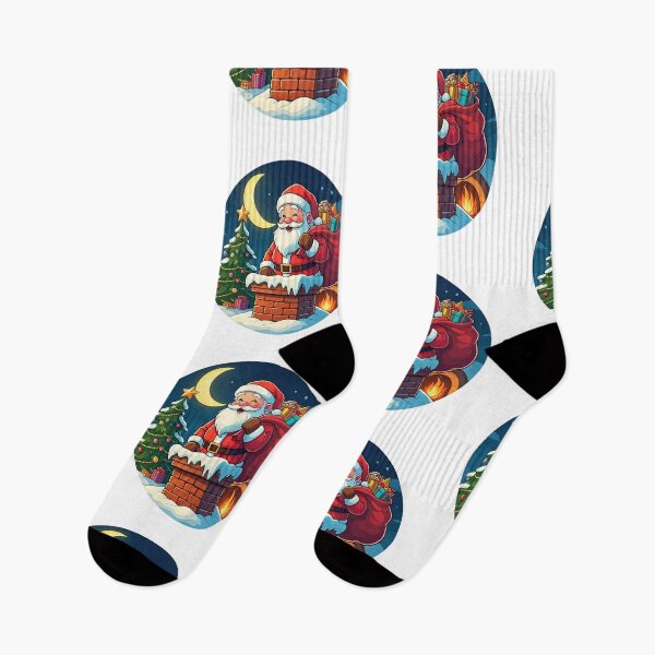 Item preview, Santa Claus in Chimney – Colorful Cartoon Christmas Illustration with Tree, Fireplace and Moonlit Night designed and sold by PixelVibe782.