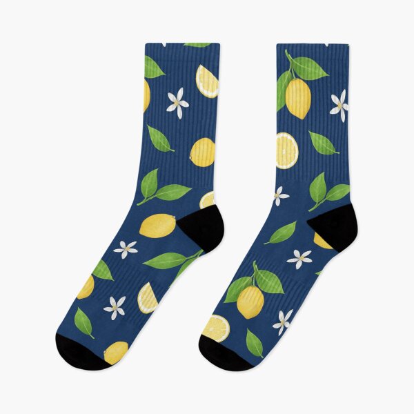 Item preview, Lemons, Leaves and Fruit Slices scattered citrus pattern on a night sky navy coloured background designed and sold by HazelFisher.
