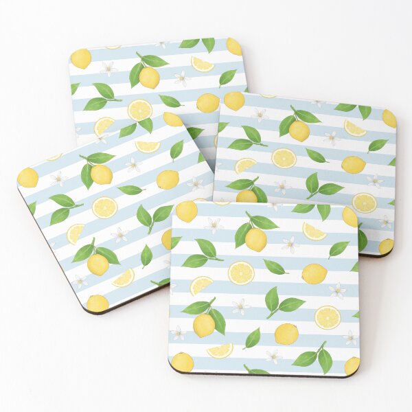 Item preview, Lemons, Leaves and Fruit Slices scattered citrus pattern on a striped white and duck egg blue background designed and sold by HazelFisher.