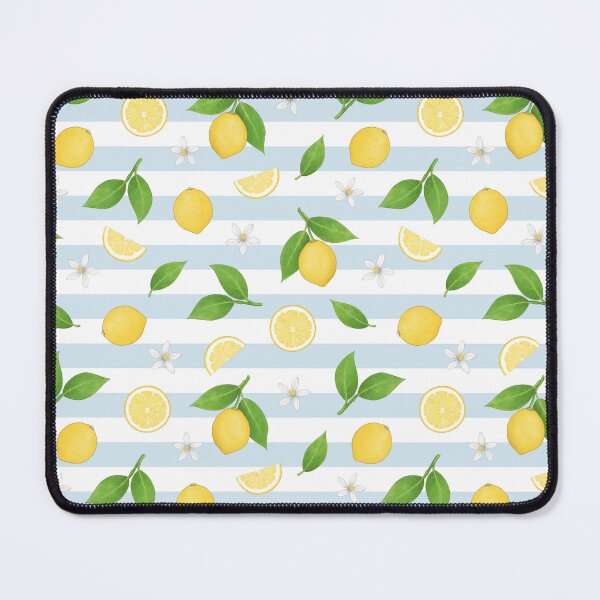 Item preview, Lemons, Leaves and Fruit Slices scattered citrus pattern on a striped white and duck egg blue background designed and sold by HazelFisher.
