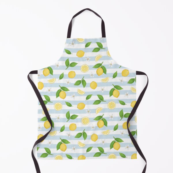 Item preview, Lemons, Leaves and Fruit Slices scattered citrus pattern on a striped white and duck egg blue background designed and sold by HazelFisher.