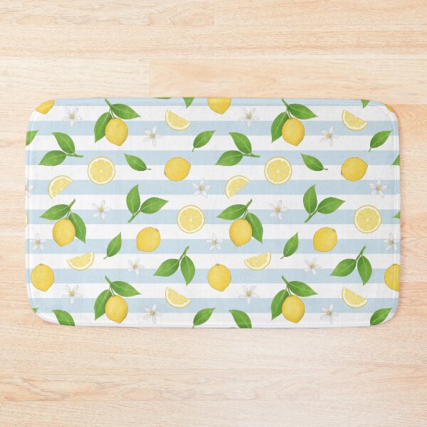 Item preview, Lemons, Leaves and Fruit Slices scattered citrus pattern on a striped white and duck egg blue background designed and sold by HazelFisher.