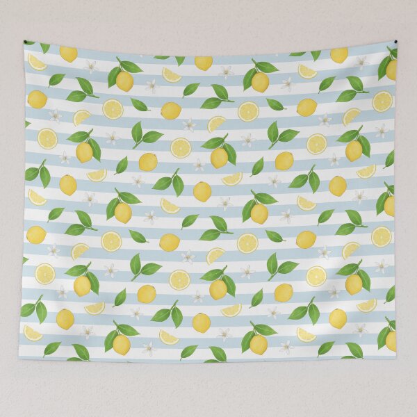 Item preview, Lemons, Leaves and Fruit Slices scattered citrus pattern on a striped white and duck egg blue background designed and sold by HazelFisher.