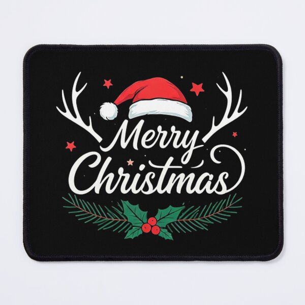 Item preview, Merry Christmas Typography Design – Elegant Calligraphic Text with Santa Hat, Holly, and Reindeer Antlers on Black Background designed and sold by PixelVibe782.