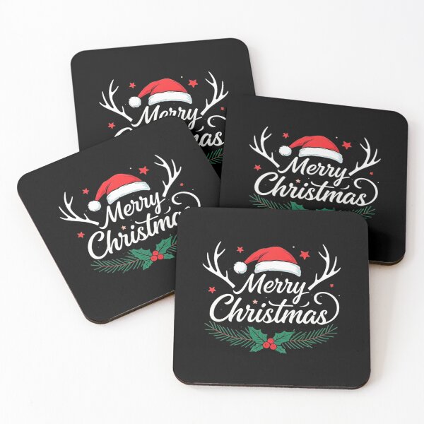 Item preview, Merry Christmas Typography Design – Elegant Calligraphic Text with Santa Hat, Holly, and Reindeer Antlers on Black Background designed and sold by PixelVibe782.