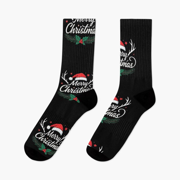 Item preview, Merry Christmas Typography Design – Elegant Calligraphic Text with Santa Hat, Holly, and Reindeer Antlers on Black Background designed and sold by PixelVibe782.