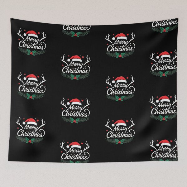 Item preview, Merry Christmas Typography Design – Elegant Calligraphic Text with Santa Hat, Holly, and Reindeer Antlers on Black Background designed and sold by PixelVibe782.