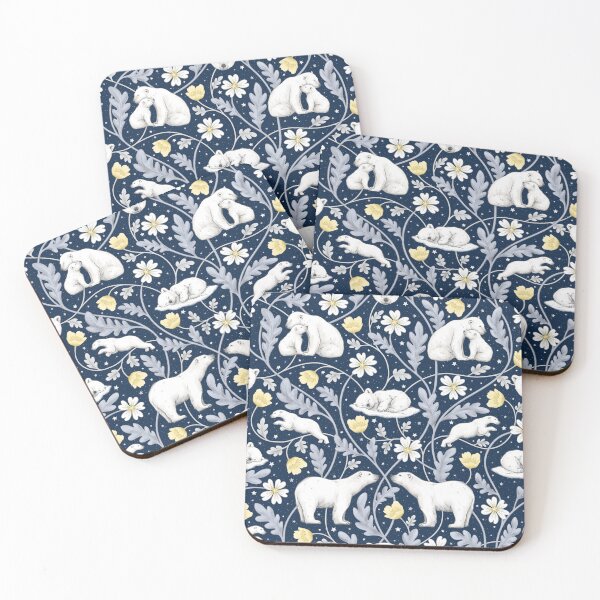 Item preview, Arctic Dreams whimsical polar bears and intricate floral pattern on a night sky navy coloured background designed and sold by HazelFisher.