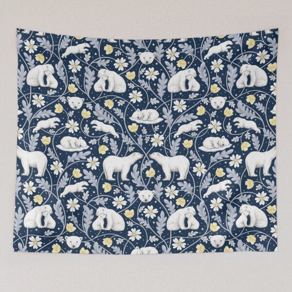 Item preview, Arctic Dreams whimsical polar bears and intricate floral pattern on a night sky navy coloured background designed and sold by HazelFisher.