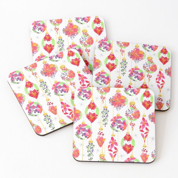 Item preview, A bright watercolor pattern of white Christmas ornaments decorated with Christmas flowers and foliage designed and sold by Hillary Holt.