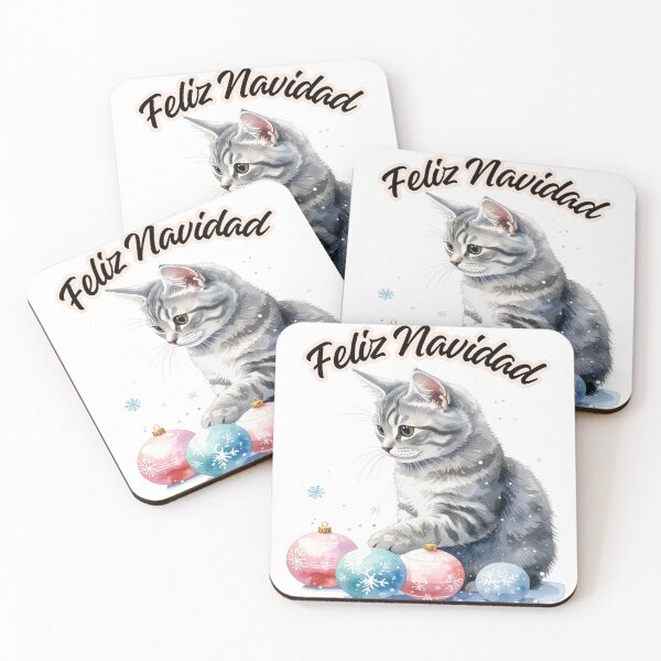 Item preview, Small grey tabby cat playing with pastel coloured Christmas tree balls, Feliz Navidad text designed and sold by LiskoDesign.