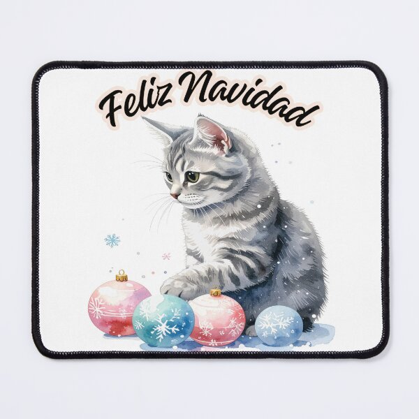 Item preview, Small grey tabby cat playing with pastel coloured Christmas tree balls, Feliz Navidad text designed and sold by LiskoDesign.