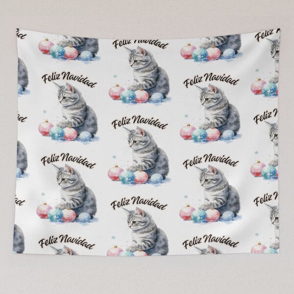 Item preview, Small grey tabby cat playing with pastel coloured Christmas tree balls, Feliz Navidad text designed and sold by LiskoDesign.