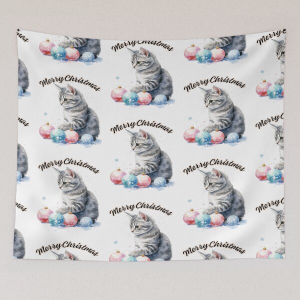 Item preview, Small gray tabby cat playing with pastel colored Christmas tree balls, Merry Christmas text designed and sold by LiskoDesign.