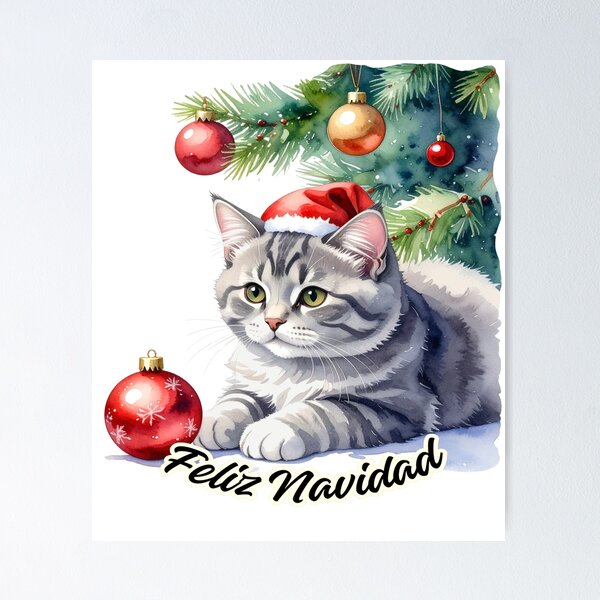 Item preview, Little grey tabby cat with hat under the Christmas tree, Feliz Navidad text designed and sold by LiskoDesign.